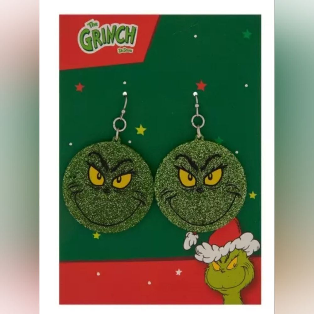 New Glittery Grinch Face Christmas Earrings